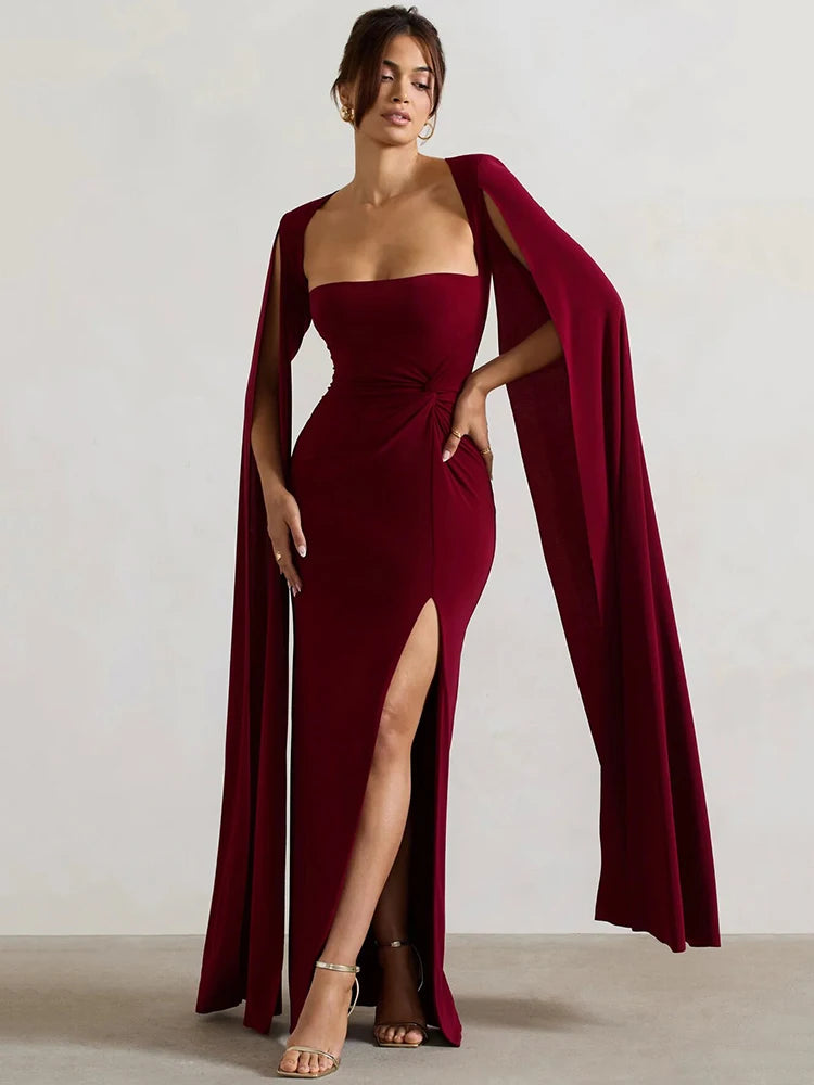 Femmora Long Cape Sleeve Split Maxi Dress