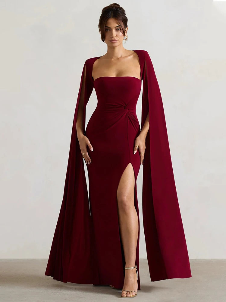 Femmora Long Cape Sleeve Split Maxi Dress