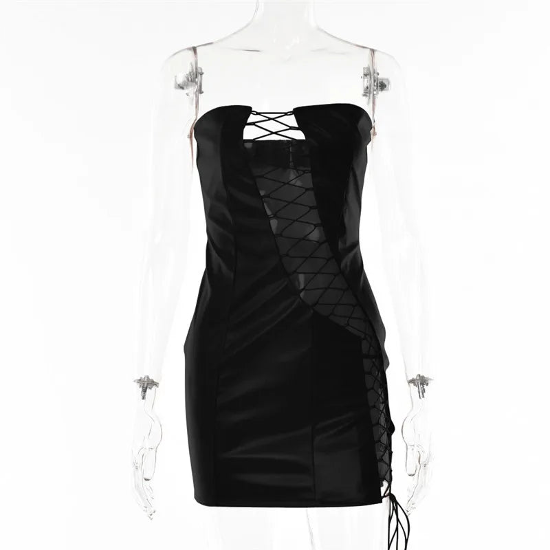 Femmora Hollow Out PU Leather Mini Dress