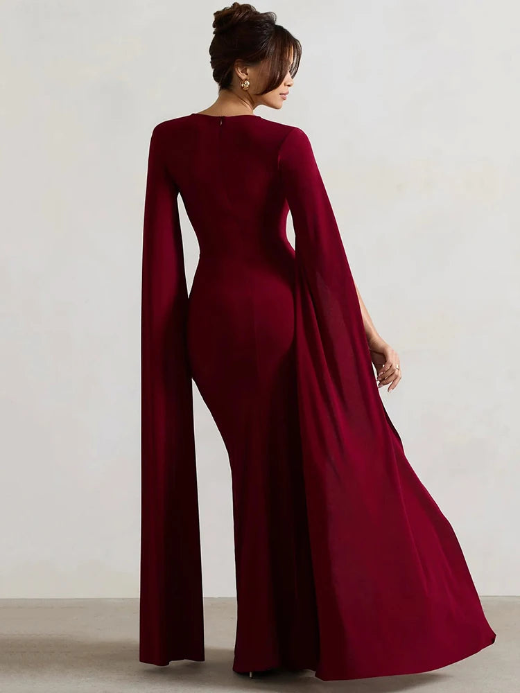 Femmora Long Cape Sleeve Split Maxi Dress