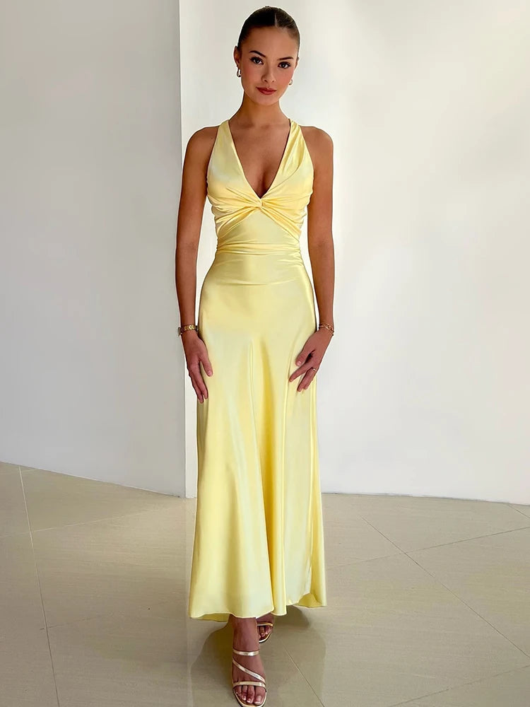 Femmora Satin Bow Backless Maxi Dress