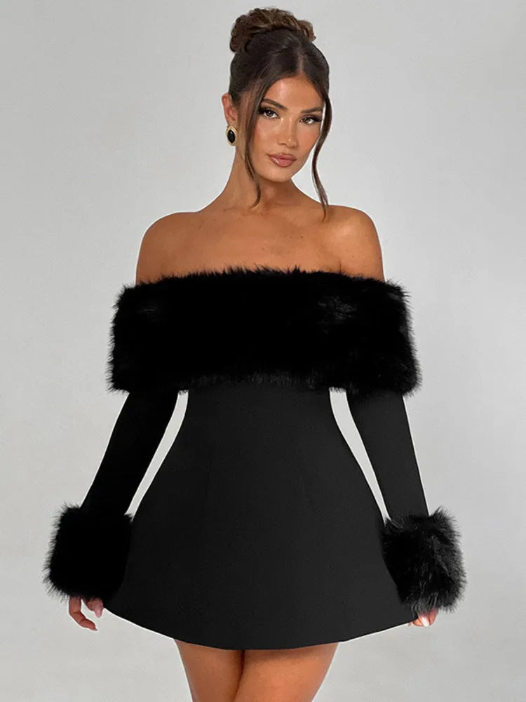 Femmora Feather Strapless Long Sleeve Mini Dress