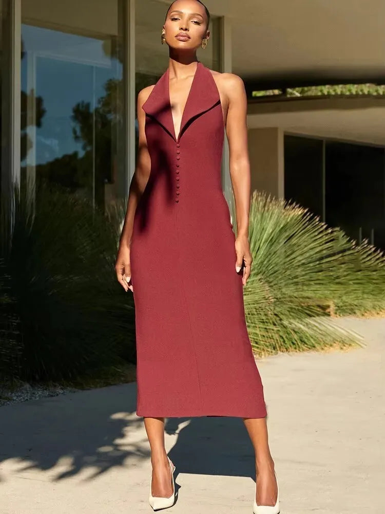 Femmora Halter Deep V Maxi Dress