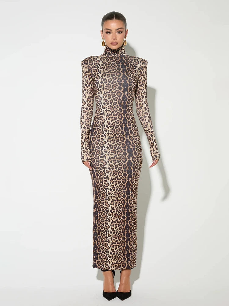 Femmora Leopard Print Long Sleeve Maxi Dress