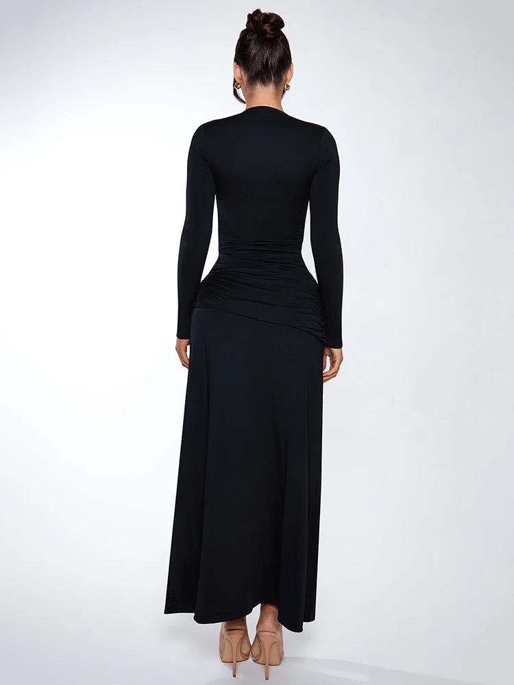 Femmora Deep V Neck Long Sleeve Sexy Maxi Dress