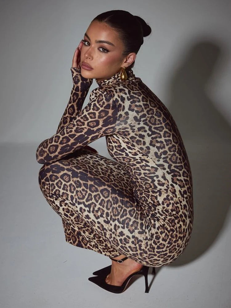 Femmora Leopard Print Long Sleeve Maxi Dress