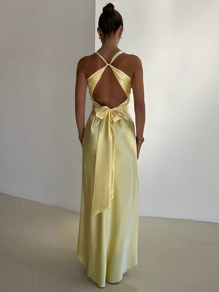 Femmora Satin Bow Backless Maxi Dress