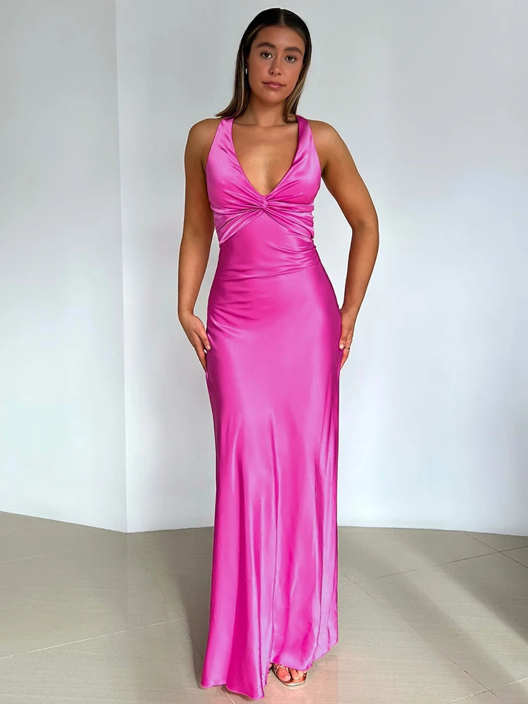 Femmora Satin Bow Backless Maxi Dress