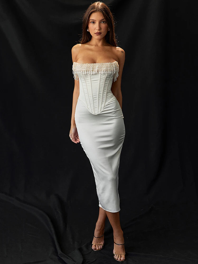 Femmora Pearl Tassel Sexy Midi Dress