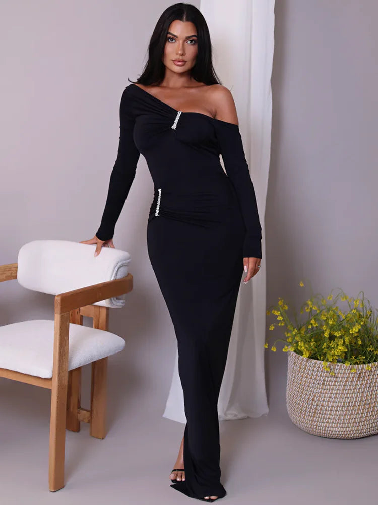 Femmora Diagonal Collar Long Sleeve Maxi Dress