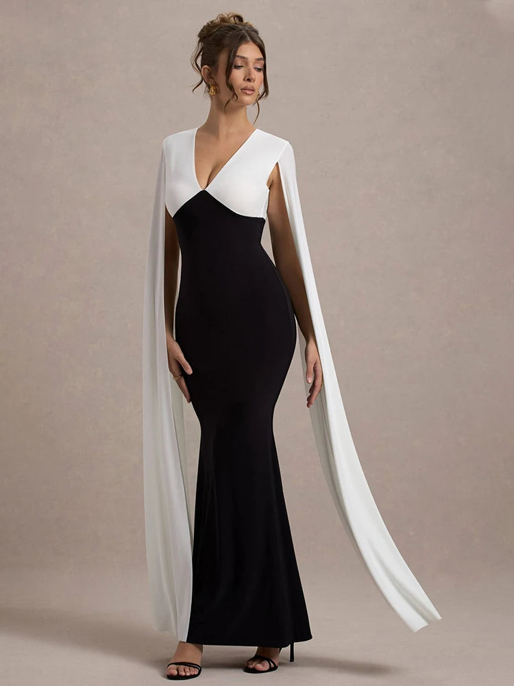 Femmora Cape Sleeve V Neck Maxi Dress