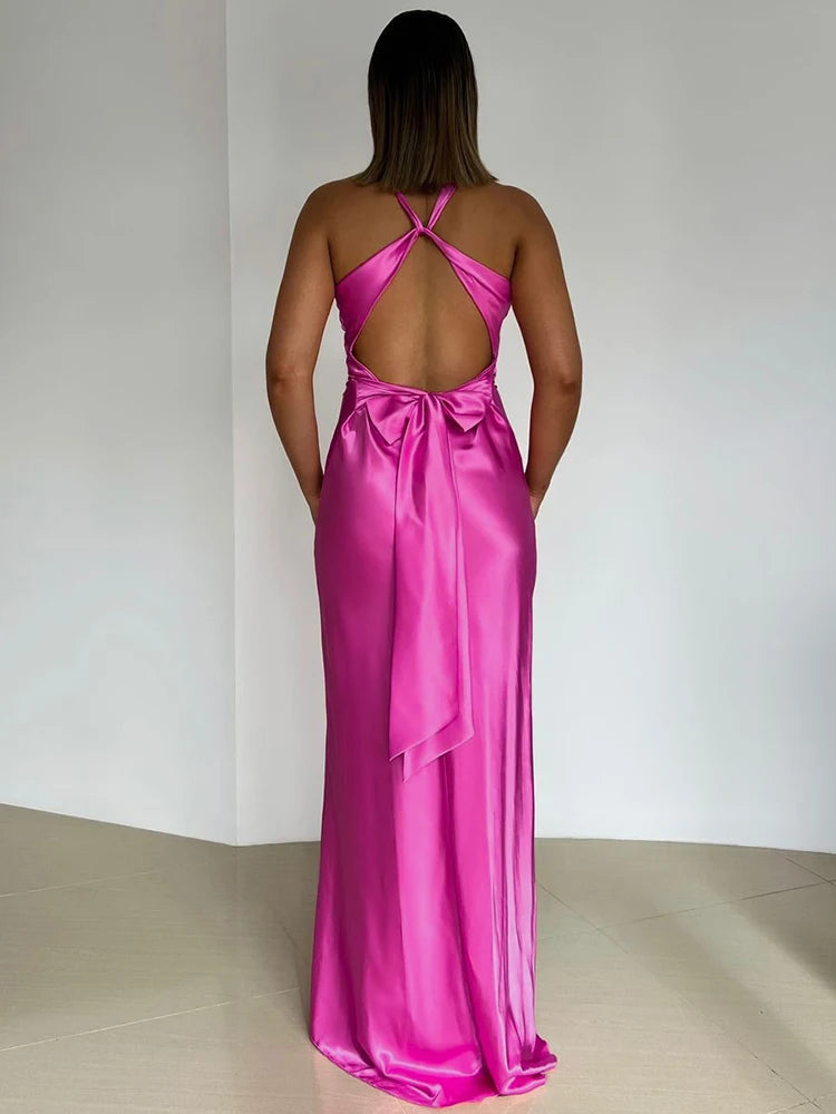 Femmora Satin Bow Backless Maxi Dress