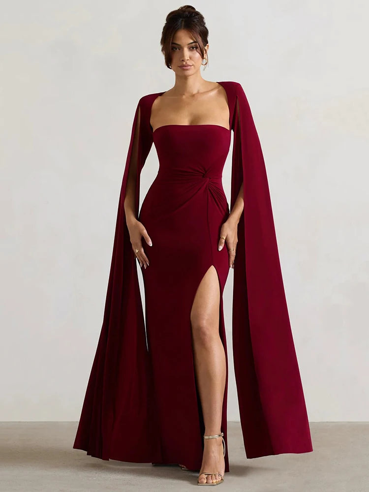 Femmora Long Cape Sleeve Split Maxi Dress