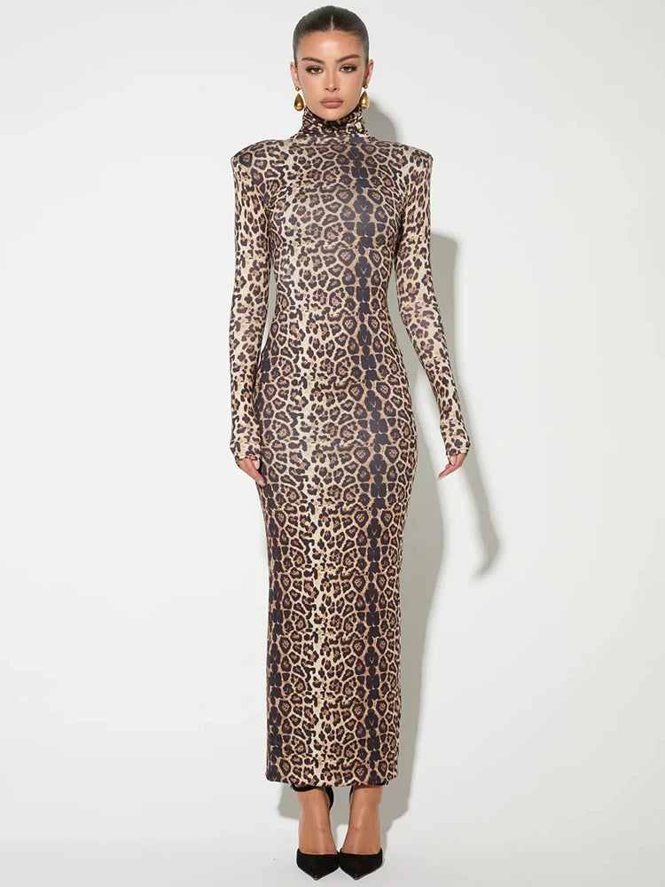 Femmora Leopard Print Long Sleeve Maxi Dress