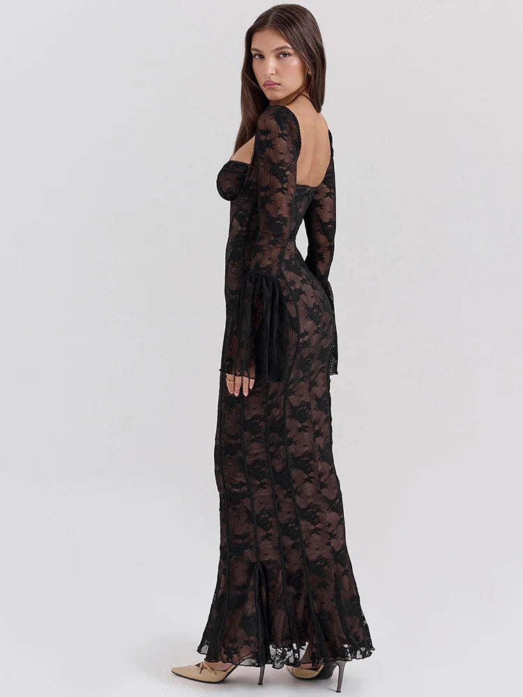 Femmora Lace Print Long Flare Sleeve Maxi Dress