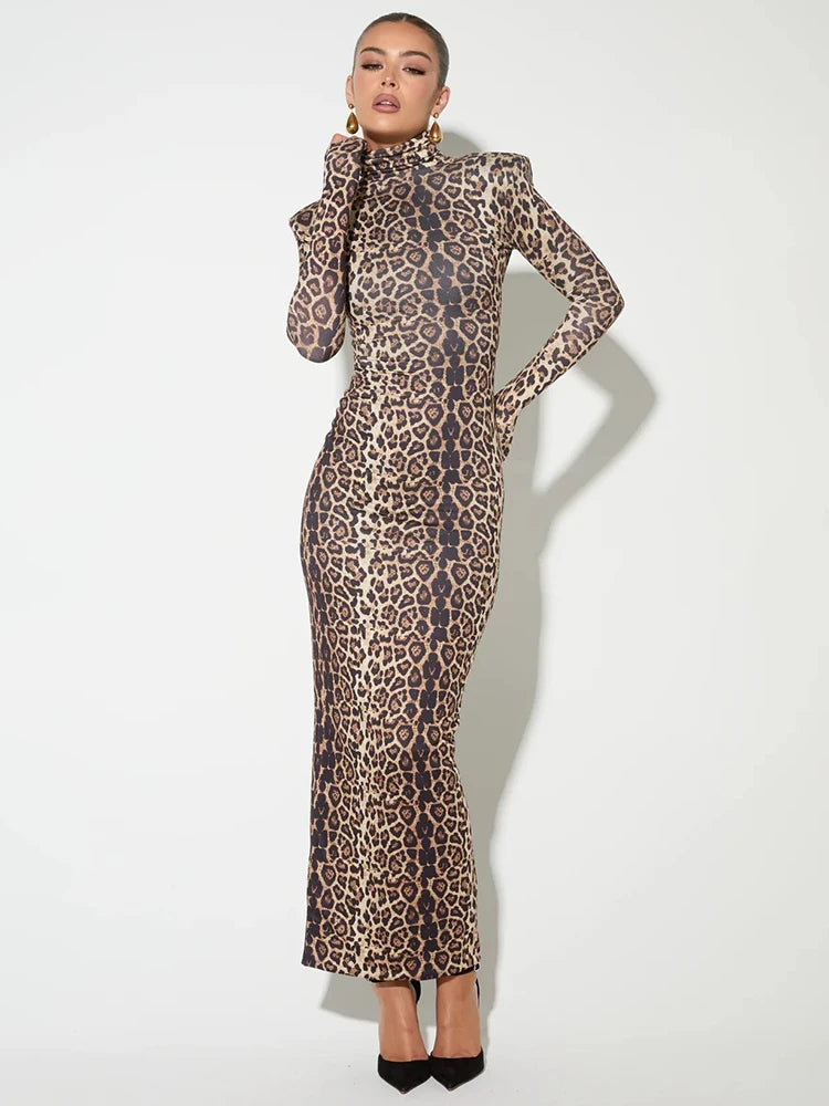 Femmora Leopard Print Long Sleeve Maxi Dress