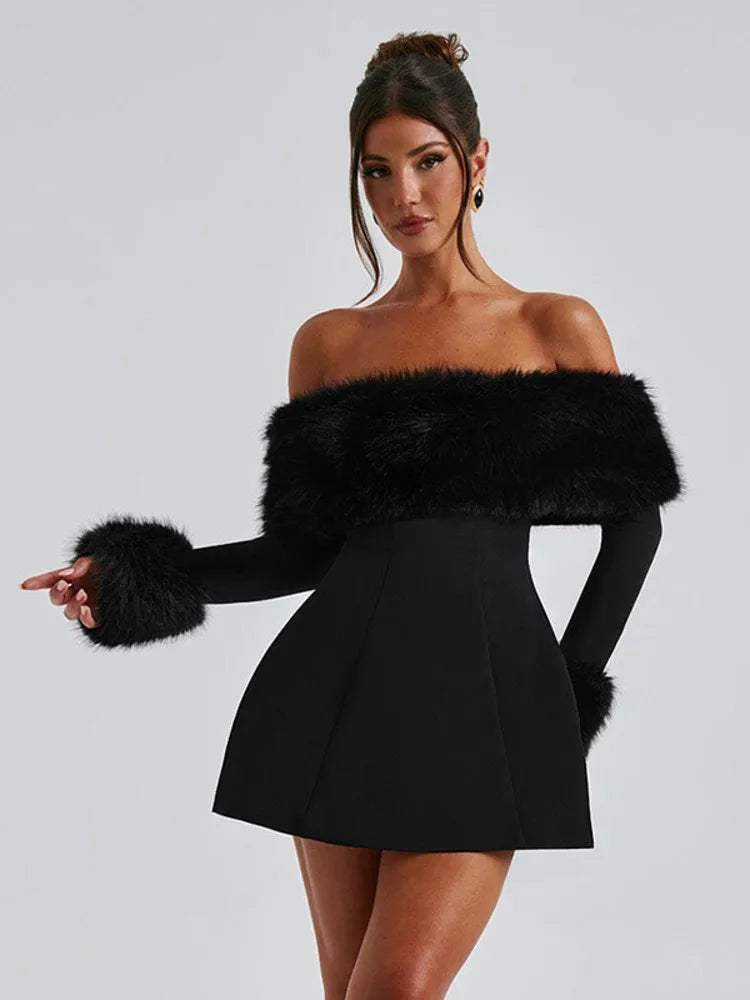 Femmora Feather Strapless Long Sleeve Mini Dress