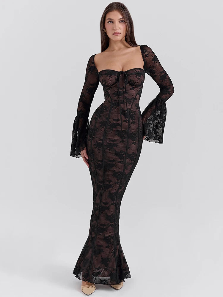 Femmora Lace Print Long Flare Sleeve Maxi Dress