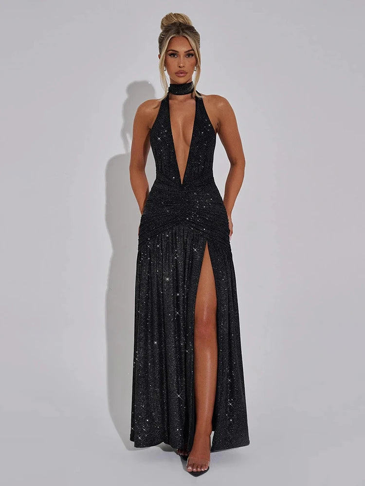 Femmora Glitter Deep V Neck Sexy Maxi Dress