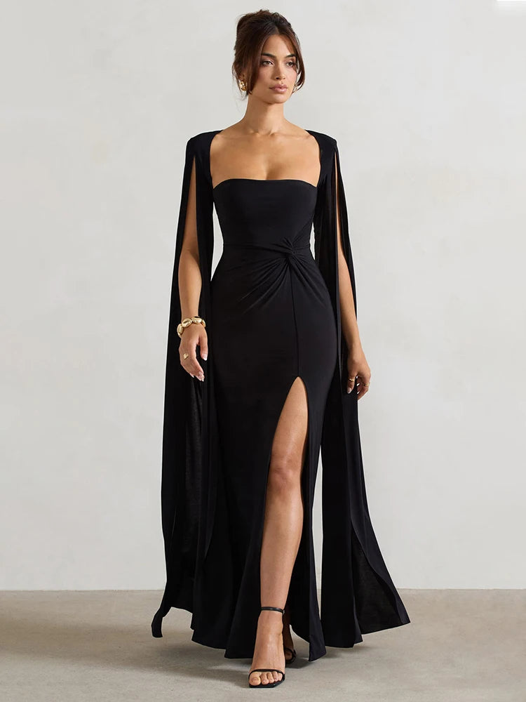 Femmora Long Cape Sleeve Split Maxi Dress