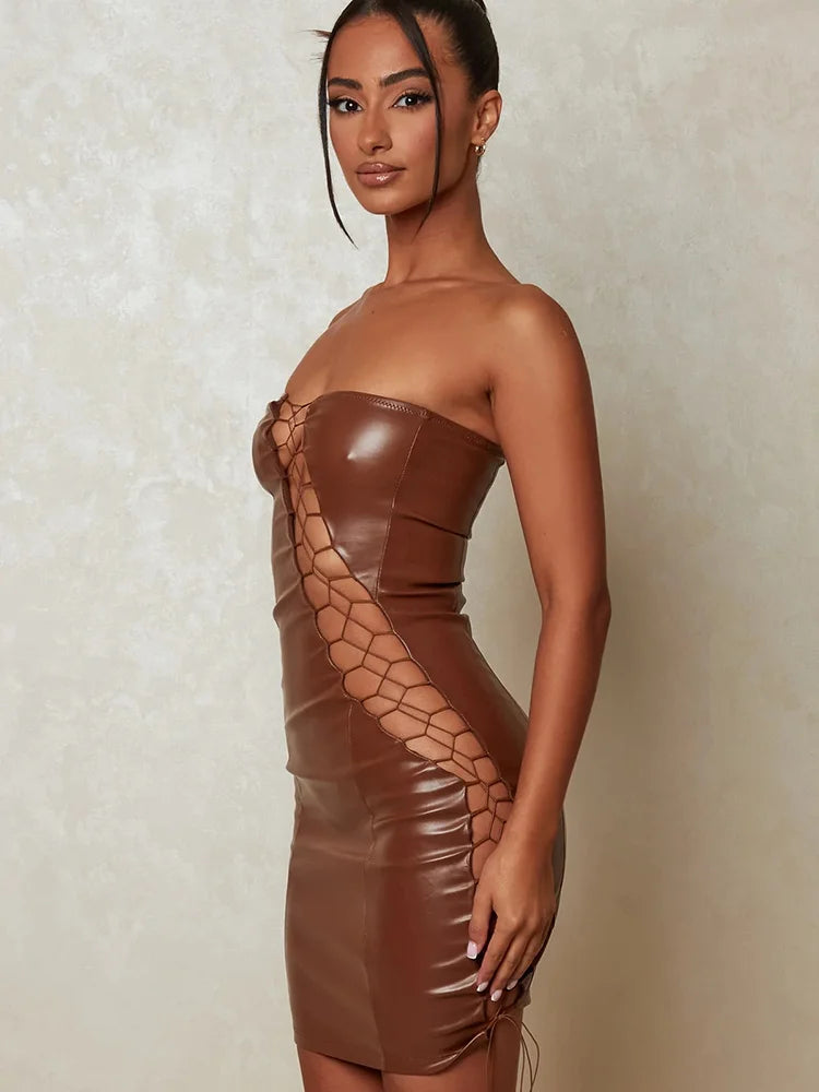 Femmora Hollow Out PU Leather Mini Dress