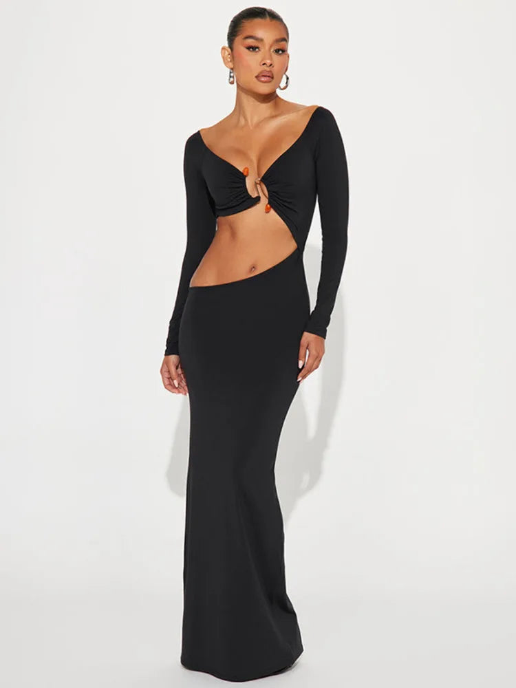 Femmora Hollow Out Long Sleeve Maxi Dress