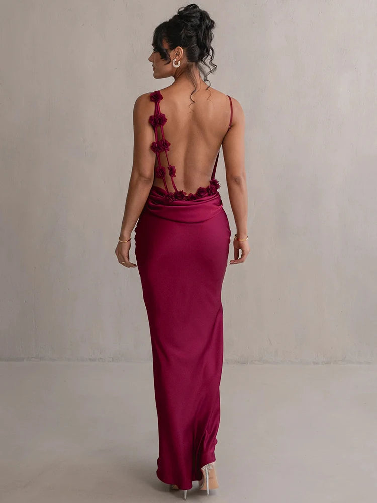 Femmora Floral Draped Backless Maxi Dress