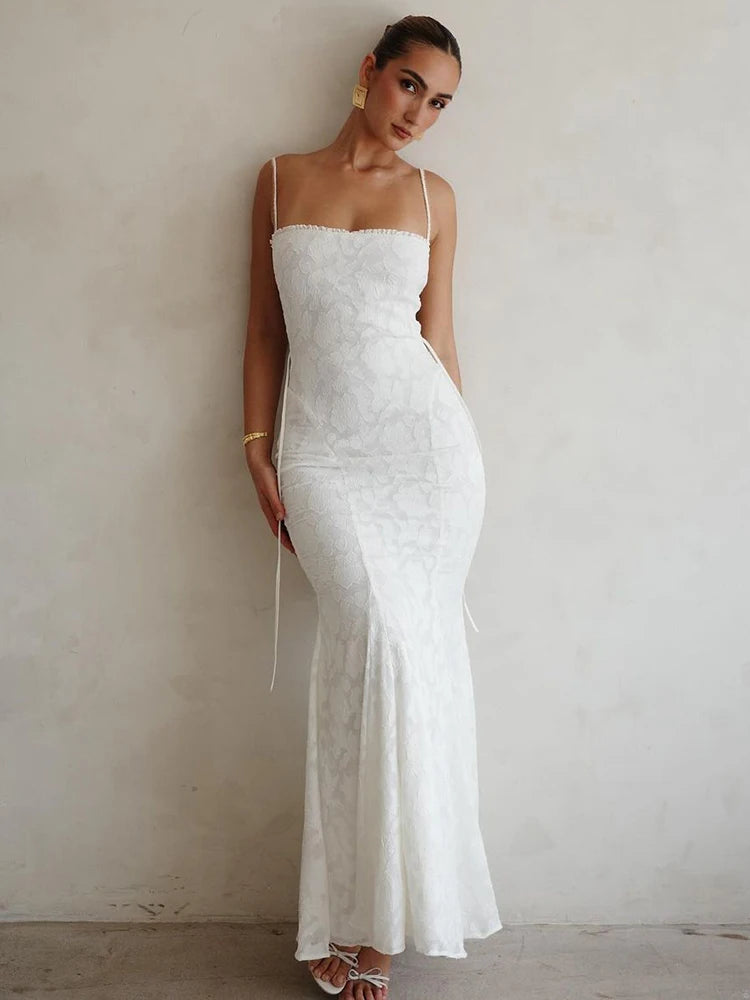 Femmora White Backless Lace-up Maxi Dress