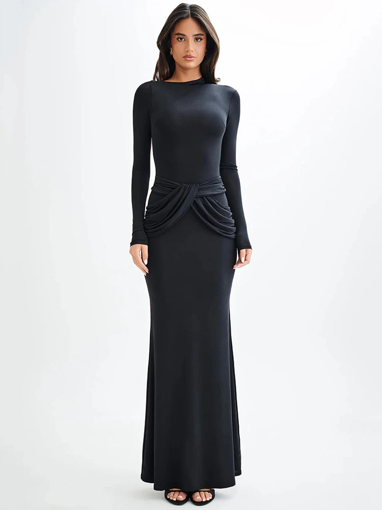 Femmora Diagonal Collar Long Sleeve Maxi Dress