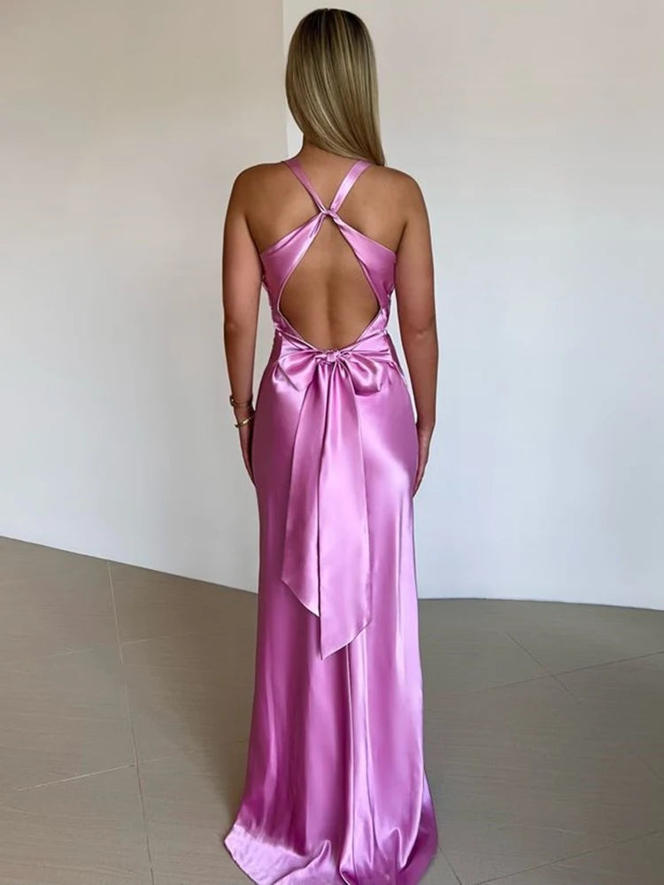 Femmora Satin Bow Backless Maxi Dress