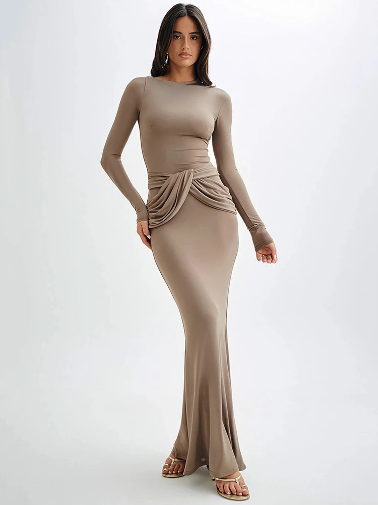 Femmora Diagonal Collar Long Sleeve Maxi Dress