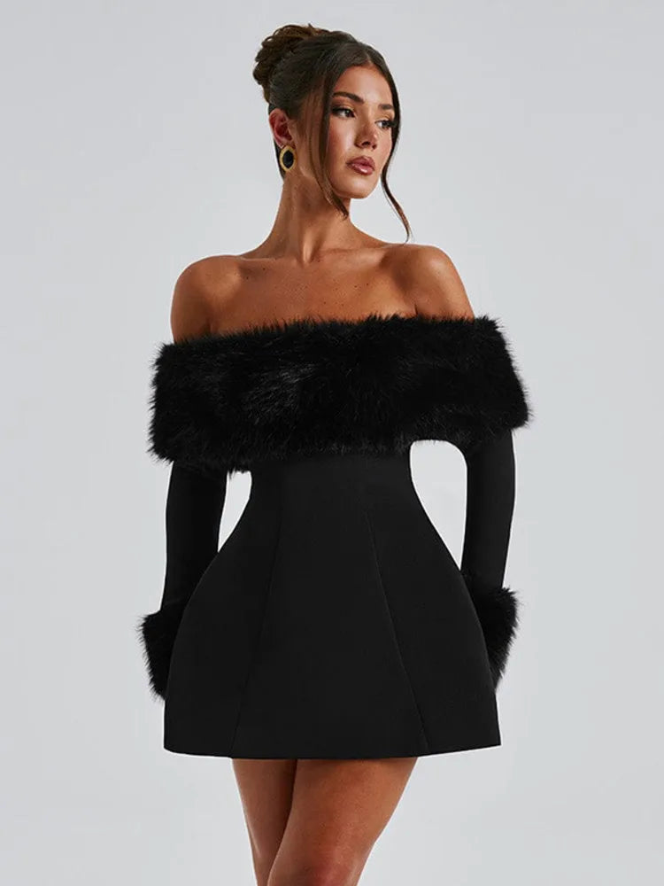 Femmora Feather Strapless Long Sleeve Mini Dress