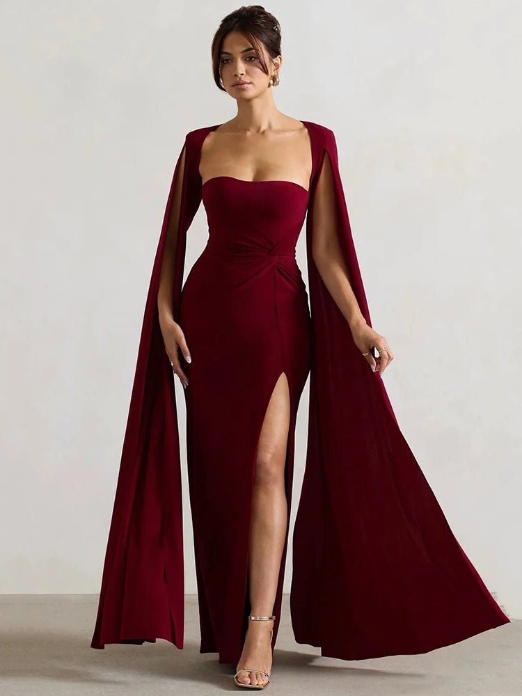 Femmora Long Cape Sleeve Split Maxi Dress