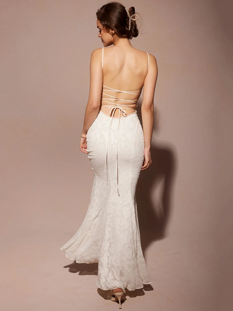 Femmora White Backless Lace-up Maxi Dress