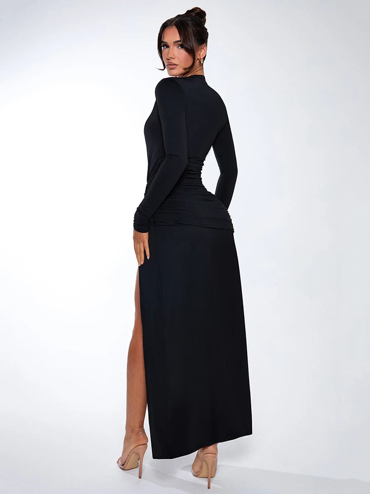 Femmora Deep V Neck Long Sleeve Sexy Maxi Dress