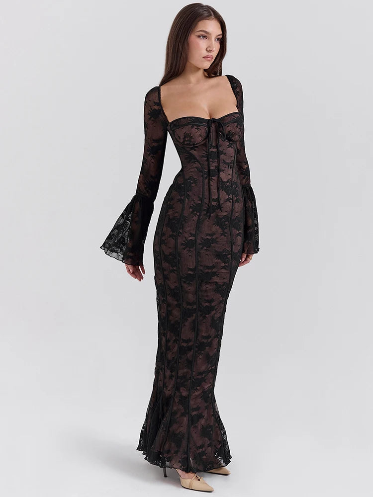 Femmora Lace Print Long Flare Sleeve Maxi Dress