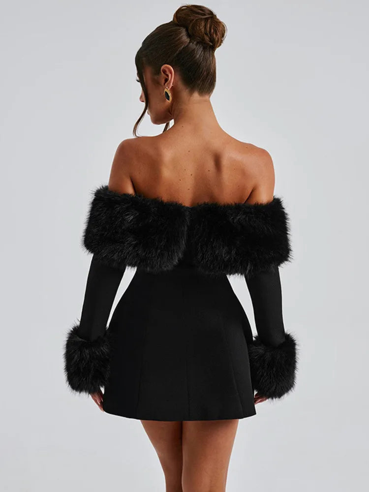 Femmora Feather Strapless Long Sleeve Mini Dress