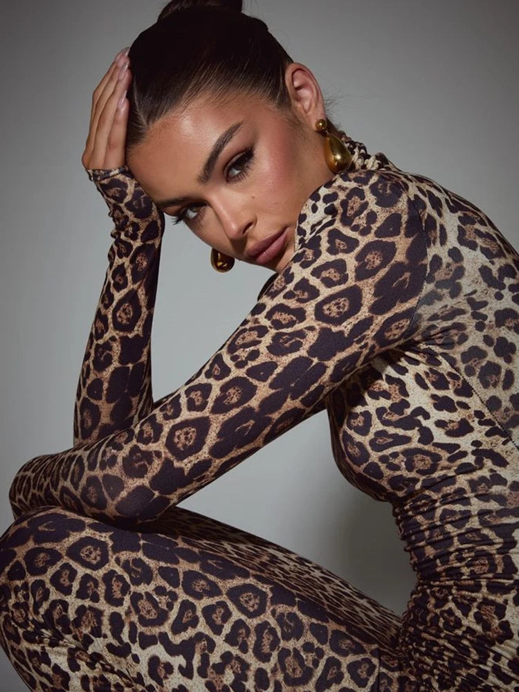 Femmora Leopard Print Long Sleeve Maxi Dress