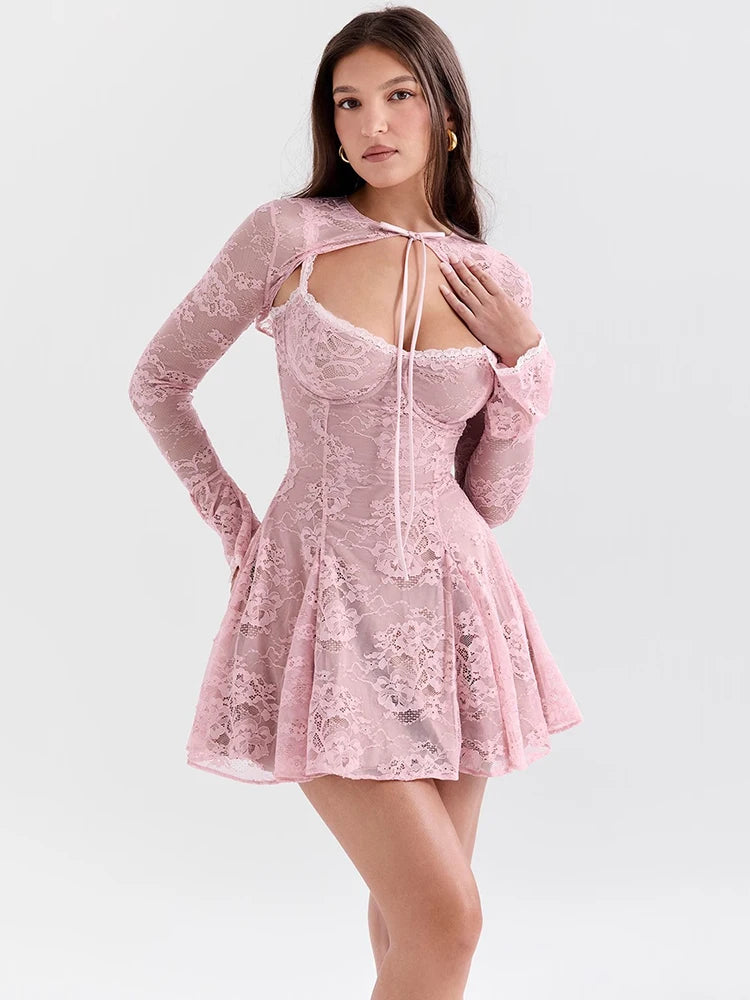 Femmora Lace Flare Long Sleeve Mini Dress