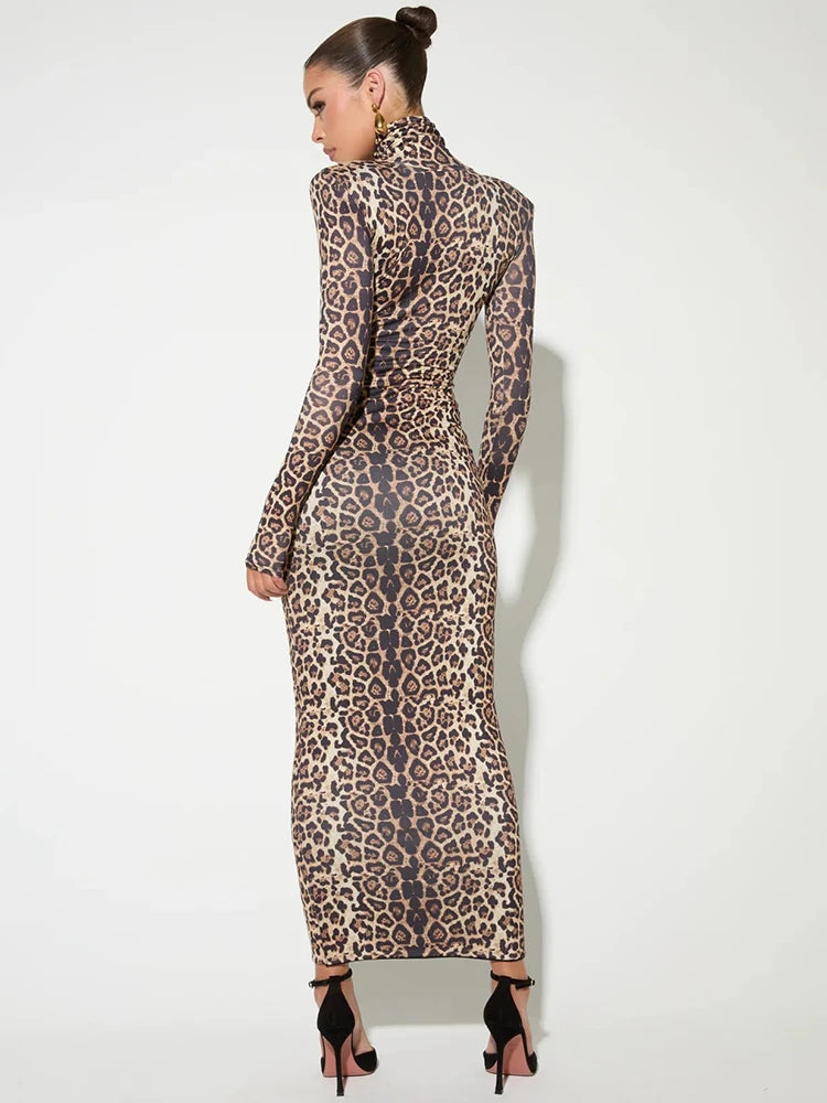 Femmora Leopard Print Long Sleeve Maxi Dress