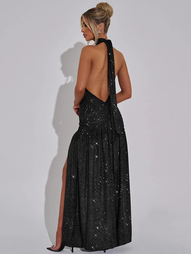 Femmora Glitter Deep V Neck Sexy Maxi Dress